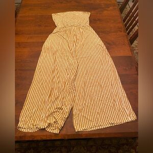American Eagle Outfitters Tan and White Striped strapless jumpsuit with pockets